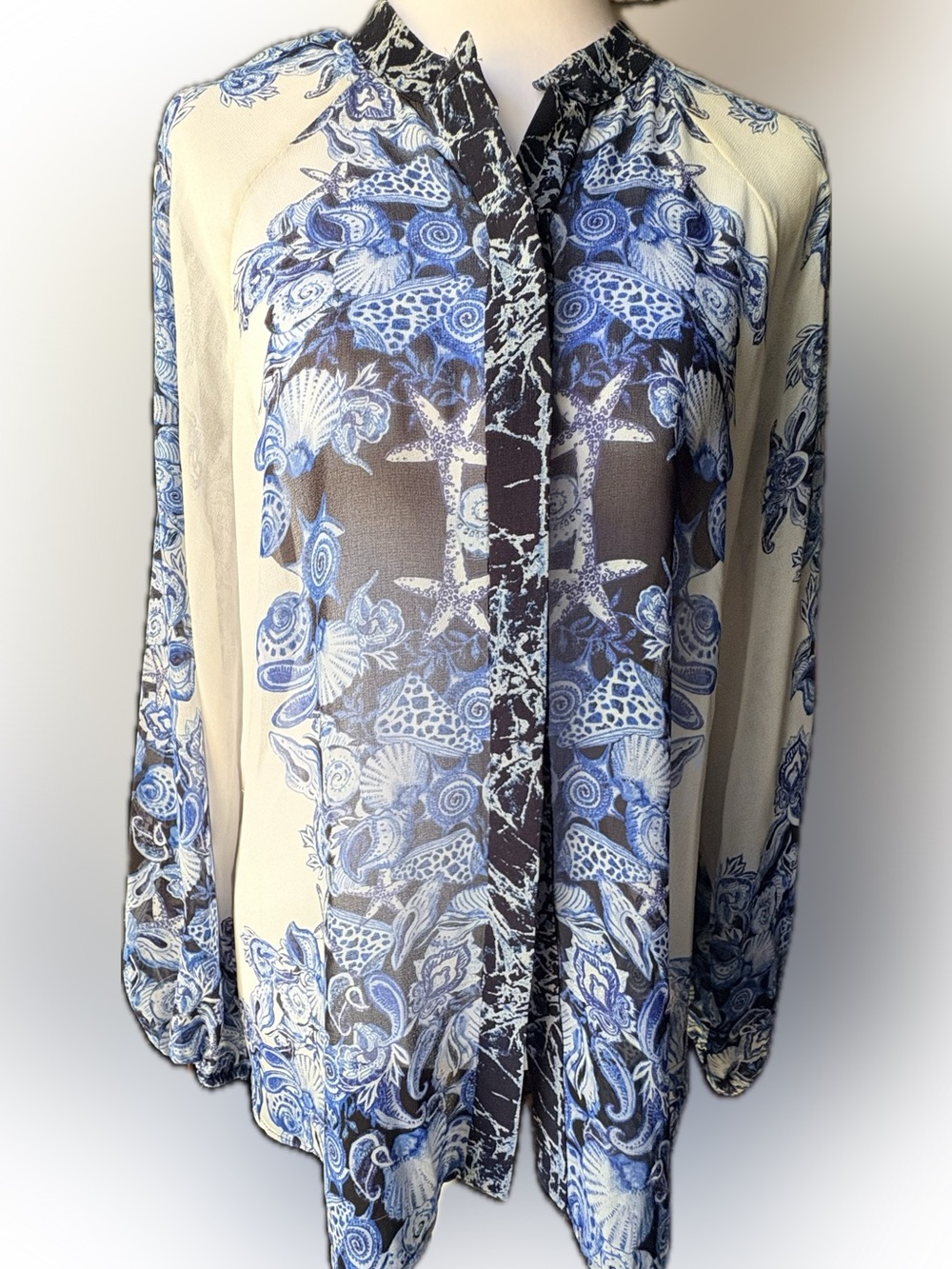 White House Black Market Blue and Cream Seashell Print Blouse